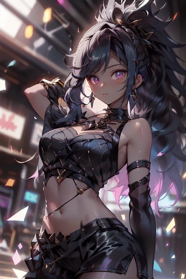 (masterpiece), (best quality), (ultra detailed), (illustration), Concept Art, Cinematic Lighting, Elf as dj player, (elf), (1girl), beautiful detailed eyes, deep blue eyes, delicate beautiful face, (shaved hair), Cargo Pants and Tank Top, Various accessories, (ear piercing), punky style, stage, (depth of field:1.2), (blurry background:1.2), art style by Yusuke Murata, by Artgerm, by Alphonse mucha