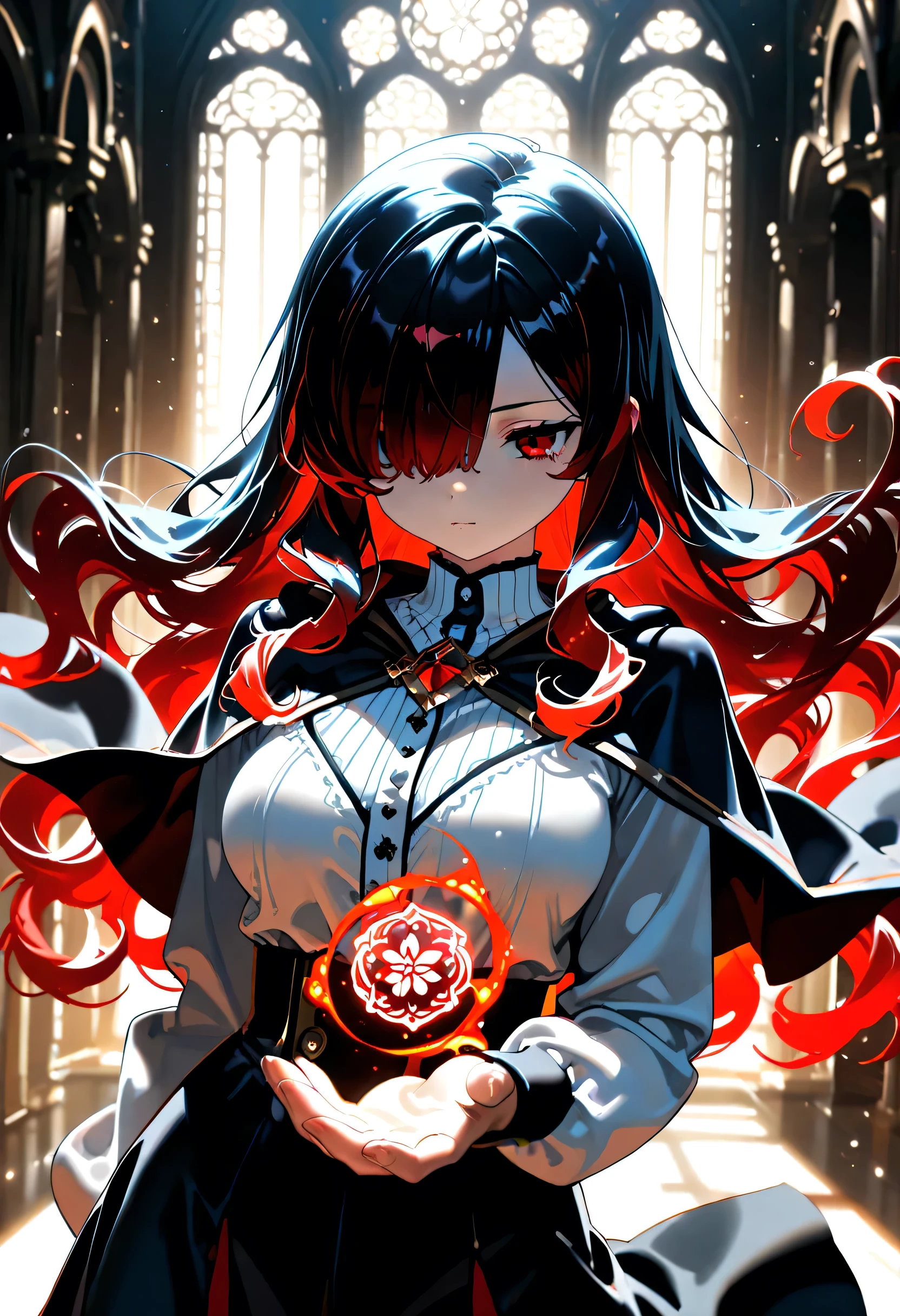 1girl, Kuroki Monika, red eyes, gradient hair, black hair, red hair, long hair, asymmetrical hairline, hair over right eye, medium breasts, black skirt, white shirt,black wizard sacarf,magic card,blue magic effect,fancy golden palace
cinematic angle, detailed shadows, detailed body, (masterpiece, best quality), amazing quality, very aesthetic, absurdres, highres, newest, HDR, 8K, cinematic lighting, vibrant colors, (ciloranko:0.5), (rei \(sanbonzakura\):0.7),