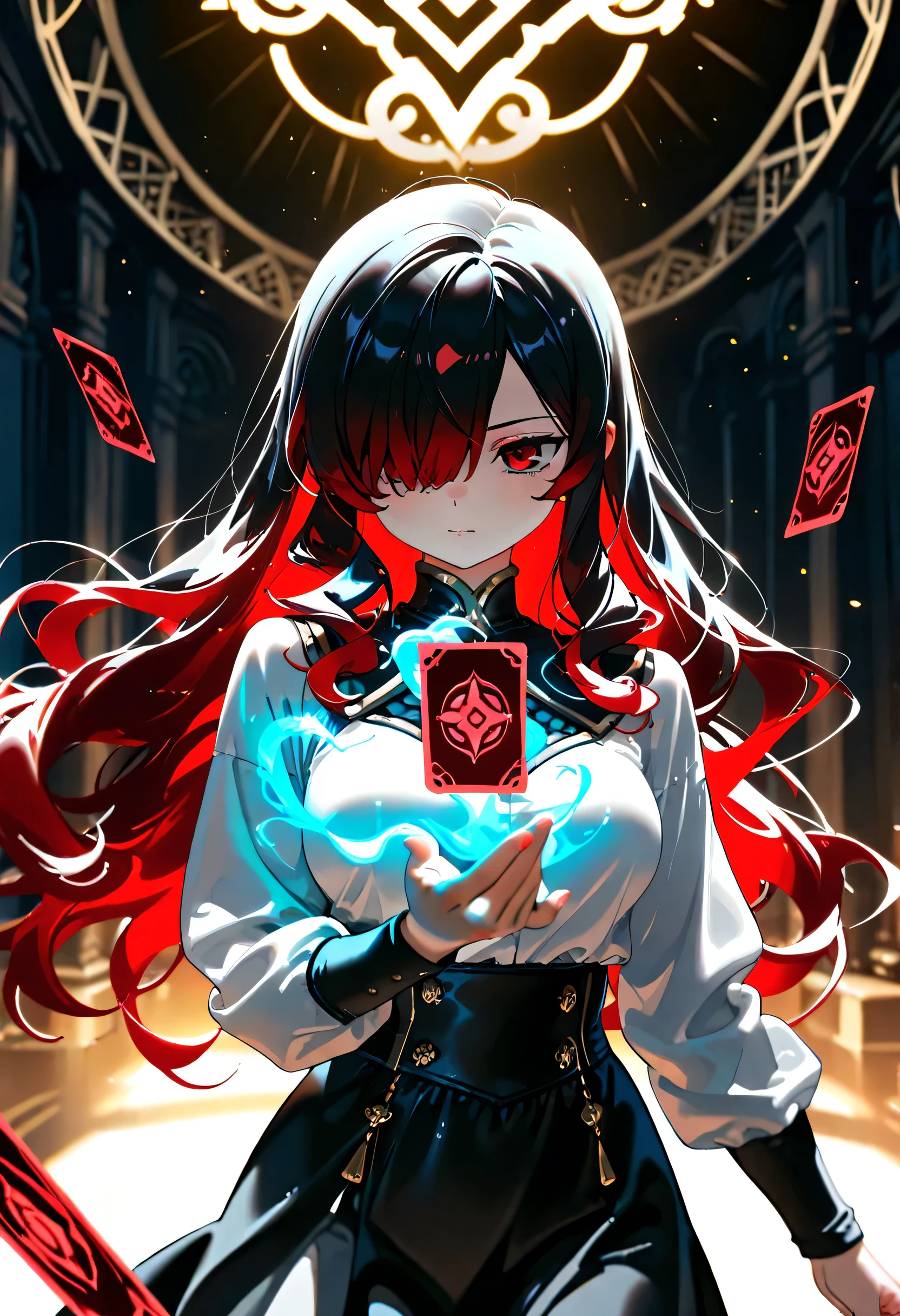 1girl, Kuroki Monika, red eyes, gradient hair, black hair, red hair, long hair, asymmetrical hairline, hair over right eye, medium breasts, black skirt, white shirt,black wizard sacarf,magic card,blue magic effect,fancy golden palace
cinematic angle, detailed shadows, detailed body, (masterpiece, best quality), amazing quality, very aesthetic, absurdres, highres, newest, HDR, 8K, cinematic lighting, vibrant colors, (ciloranko:0.5), (rei \(sanbonzakura\):0.7),