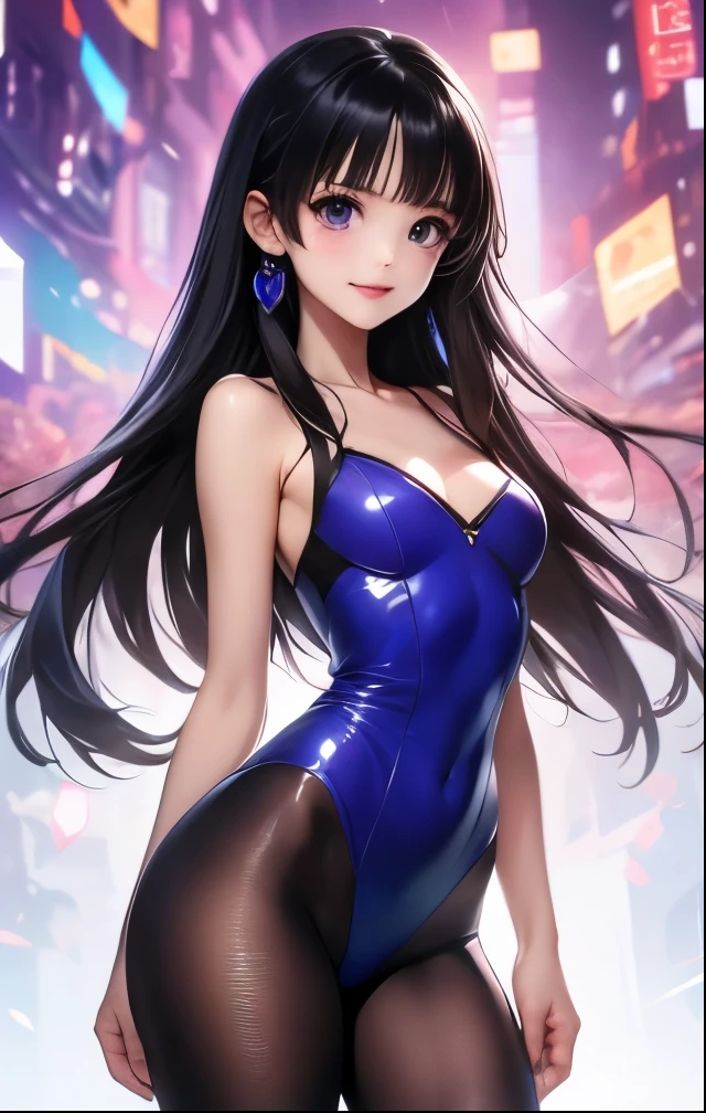 (((SFW、Highest quality、 first class masterpiece 、 normal body 、32k、 detailed face 、super precise、 normal hand、5refer to、Highest)))、Tsuzaki Aoba、aoba-tsuzaki、『JINKI』、Beautiful Girl、black hair、long hair、beautiful breasts、slender、 slim、Petite、 can be used、blue-purple high-leg tight leotard suit