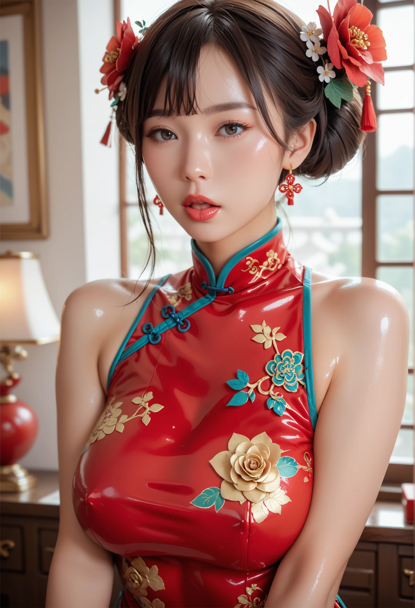  1 girl, upper body, Fashionable Girl , China Dress ,Chinese clothes,hair flower,(masterpiece:1.4),( top quality:1.4),(shiny skin), red lips, watching viewers, Big Breasts,Open lips