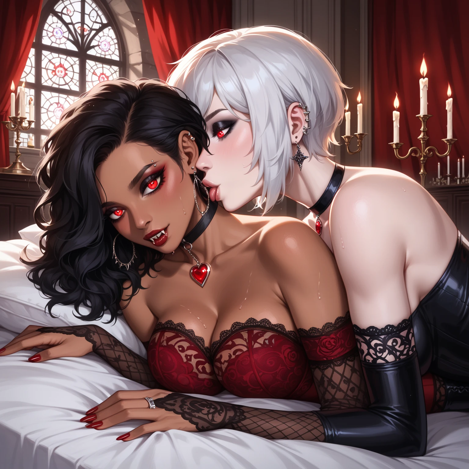 rating_explicit, 2 woman, 1 short white hair woman, white skin, slim body, slender body, black lipstick, COWGIRL sex, 1 black strong tall woman futanari, african skin, robotic red arms futanari, black bun samurai hair, bed, night, dark, intense, moan