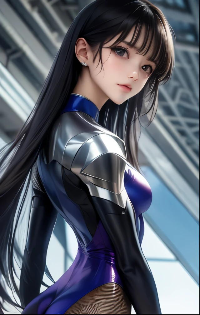 （（（ＳＦＷ、Highest quality、 first class masterpiece 、 normal body 、32k、  detailed face 、super precise、  normal hand、５refer to、Highest）））、Tsuzaki Aoba、aoba-tsuzaki、『JINKI』、Beautiful Girl、black hair、long hair、beautiful breasts、slender、 slim、Petite、 can be used、blue-purple high-leg tight bite leotard suit