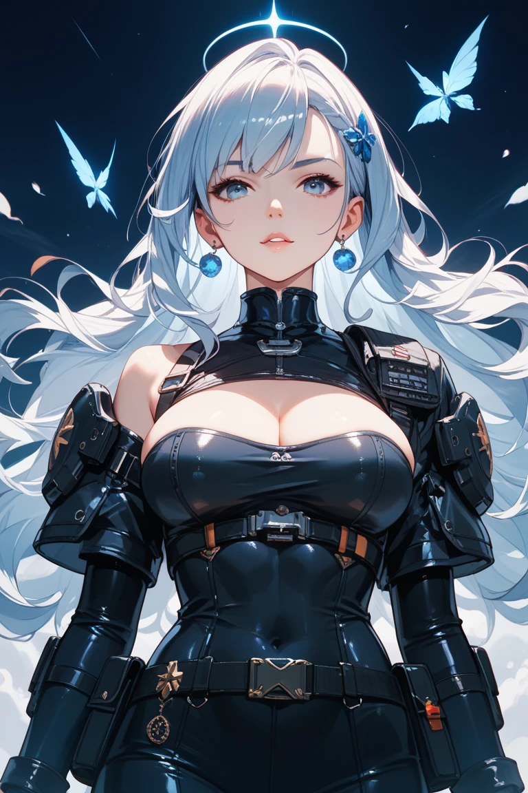 masterpiece, ultra-detailliert, 8k, hiquality, Top image quality, digitial illustration, Seductive Anime Girl, Combative posing, Depiction of dense hair, Detailed eye depiction, appearance Splash paint background in colors, Center, ((open clothes:1.3))、((crop top:1.3))、((cleavage:1.3))、((crop top navel))、((panty peek))、((huge breasts:1.3))、((huge hip:1.3))、((thick thighs))、Sharp Focus, draw the full body, Glossy realistic skin texture, ((Hover effect:1.2)), Precise human body structure, Low angle perspective, Configuration looking up from below