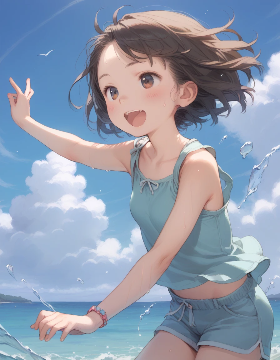 With a girl、10 Talents、Playing in the sea、Happy expression、Brown haired、short hair、Laughter、Open your mouth、Don't pull your tongue、masterpiece、Highest quality、Beautiful expression、Detailing、whole body, long focus、Configuration with depth、