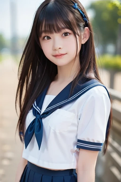 Best Quality, RAW Photos, Photorealistic, Face, Incredibly ridiculous beautiful girl, Cute, Long hair, depth of fields, High resolution, Ultra Detail, detail, Very detailed, extremely detailed eye and face, Sharp pupils, Realistic pupils, Sharp Focus, Cinematic lighting, Flat breasts, Small breasts, Small,( Small bust: 1.2), Small bust, (slim, Small, Flat, Small), slender, Delicate and sexy collarbone, (a sailor suit:1.2), (Lifting a sailor suit to show off a small white bra:1.5)))、(nsfw:1.4)
