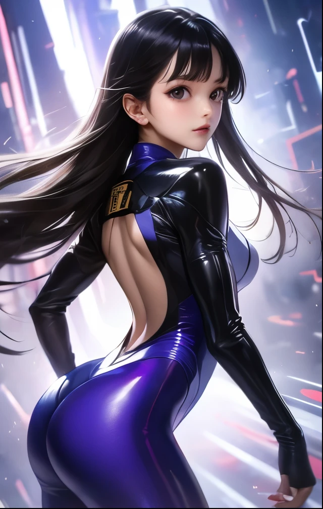 (((SFW、Highest quality、 first class masterpiece 、 normal body 、32k、 detailed face 、super precise、 normal hand、5refer to、Highest)))、Tsuzaki Aoba、aoba-tsuzaki、『JINKI』、Beautiful Girl、black hair、long hair、beautiful breasts、slender、 slim、Petite、 can be used、blue-purple high-leg tight bite leotard suit、Looking back、turns around