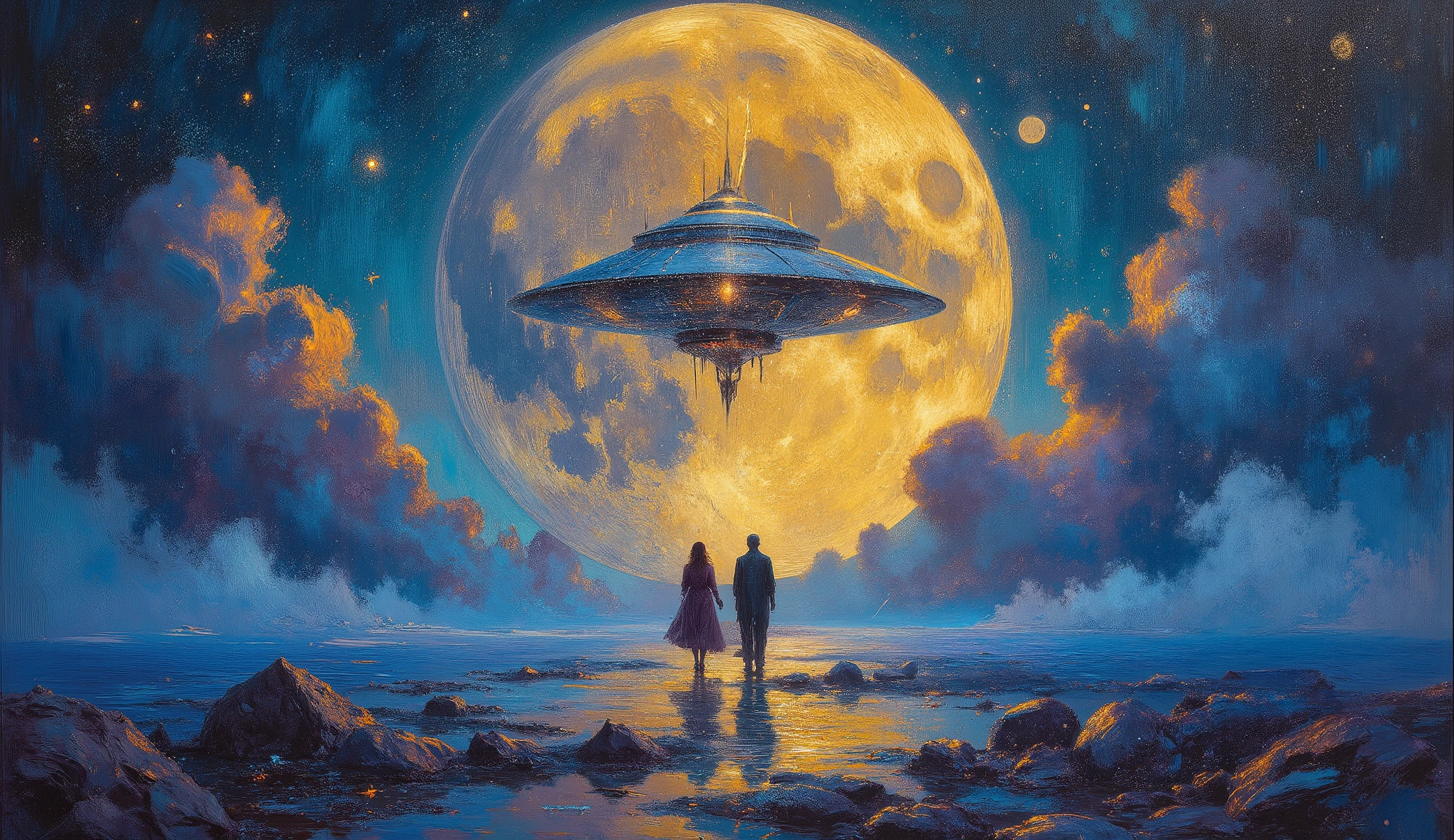 (best quality,8k,highres, masterpiece:1.2), (Impressionism:1.37),ultra-detailed, HDR, UHD, studio lighting, ultra-fine painting, sharp focus, physically-based rendering, extreme detail description, professional, bokeh, portraits, concept artists, dramatic lighting,A gigantic golden moon, a contrast of blue and gold, using only the two colors of blue and gold, a gigantic golden UFO landing on a blue plain.Impressionism