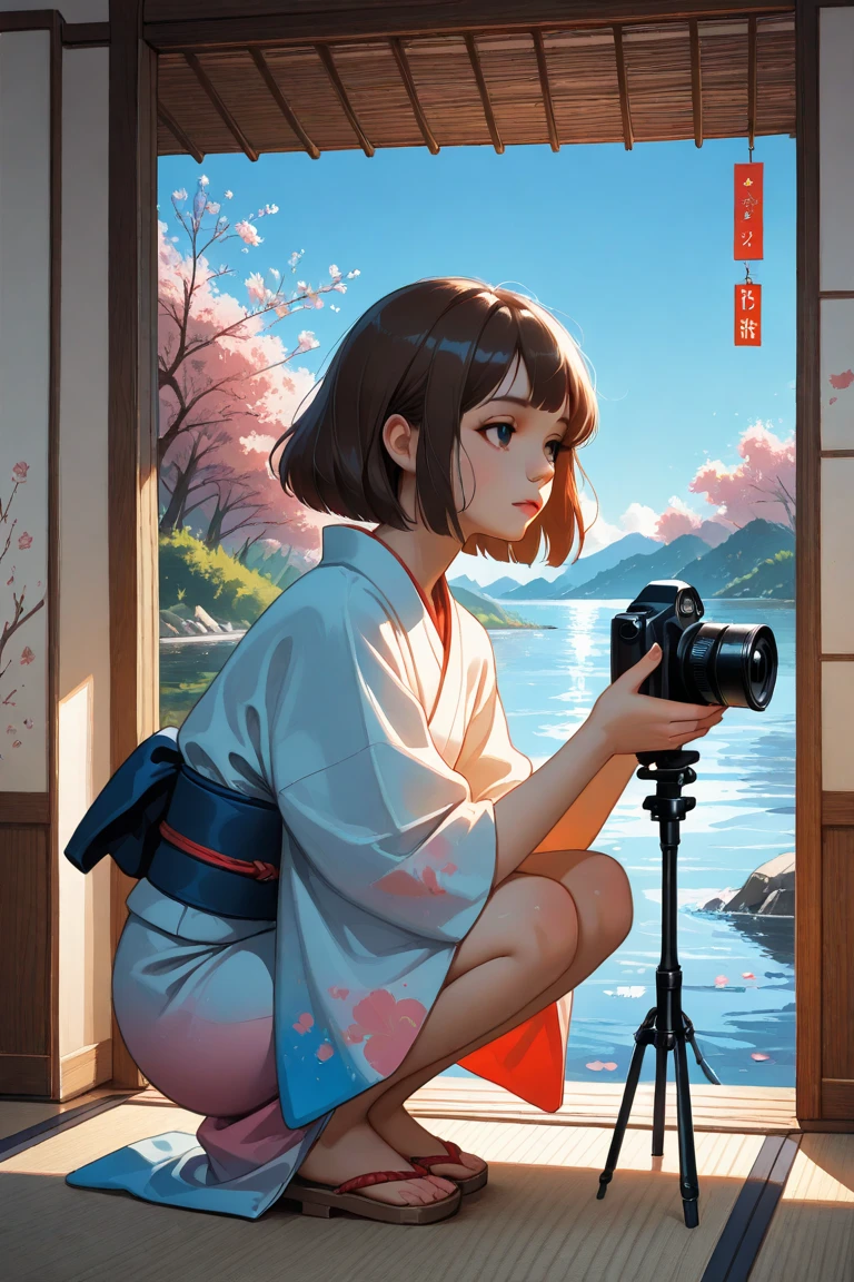 「Girl taking a picture of her thighs from above」
上記の内容を画像生成用のプロンプトで表現してください。英語で。
その際、できる限り詳細な表現となるように工夫してください。