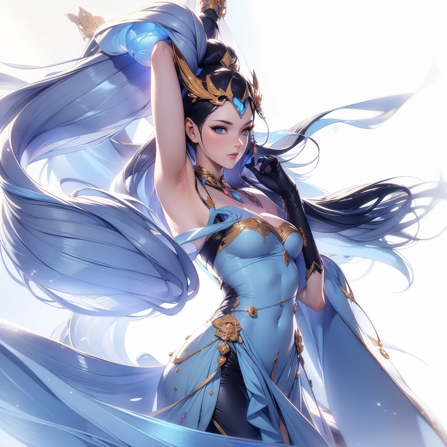(masterpiece), (Highest quality), (Super detailed),(Dish-shaped hair),(figure), (One girl), (Fashionable clothes), Are standing, Fashion Model, View your viewers, (interview), (Simple Background), Beautiful attention to detail, delicate beauty, floating, (High saturation), (Colorful Splash), Colorful bubbles, (Shine),  ponytail, Light blue hair, bangs, Scrunchie, floating flowers, Flowing Hair, (Shiny), Best lighting, Best Shadow, Perfect hands