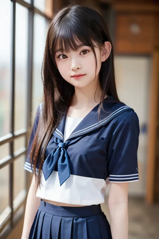 1girl in,Wearing a sailor suit,Quite large big breasts,short stature,Twin-tailed,Beautiful double,warm sunlight,Peaceful Park,gentle face,Soft atmosphere,a small face,Big eyes,No hats,Wear knee-highs,Young features,