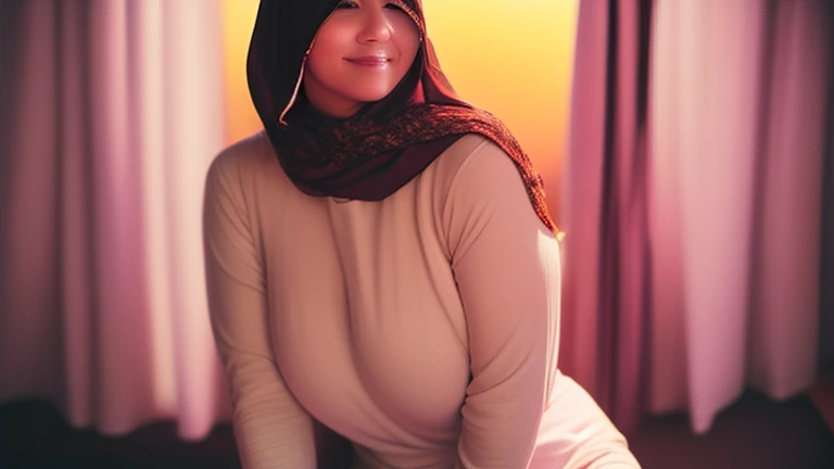 Close up),RAW, Best quality, high resolution, masterpiece: 1.3), Beautiful Malay mature woman in hijab, 45-Years-Old, Karya, plump body, big breast,sthick thighs,big beautiful eyes, super exhausted face, moaning deliciousness face, beautiful face,muslim woman standing in front of a picnic table with a view of mountains, ((no pants, exposing sexy ass)), seducting pose, with sunset, with mountains in the background, sex style, background is heavenly, wearing tight coat, braless, pantless, in mountains, moutain in background Great lighting, Bright colors, Clean lines