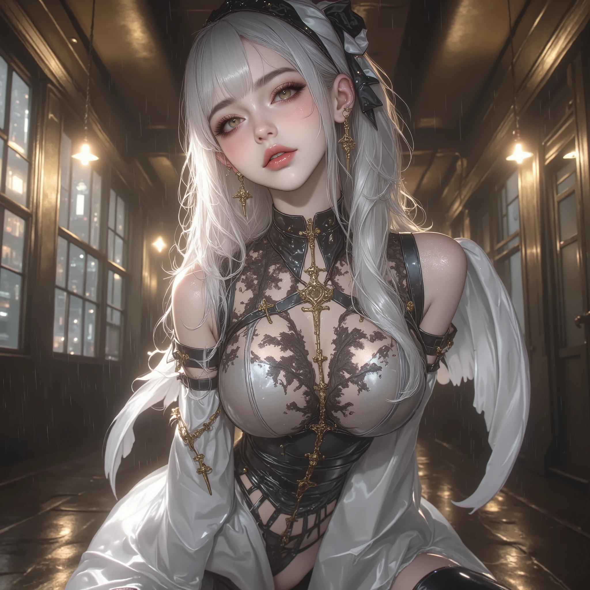 Succubus girl with white long hair, Bronzed Skin, without wings. Dressed in white high-heeled shoes. In the office with a man.