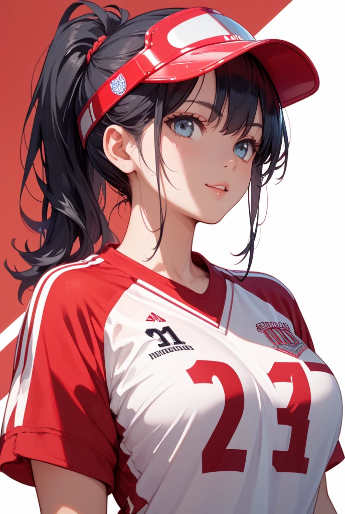 A woman in a red shirt is taking a picture, Wearing a volleyball jersey, realistic Young Gravure Idol, sakimichan hdri, Young Gravure Idol, Japanese Model, Young and cute gravure idol, aoshima Chiho, Young and sexy gravure idol, Chiho, Young and skinny gravure idol,