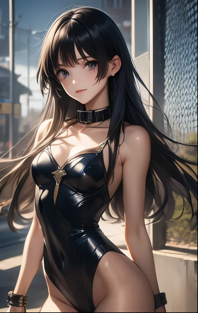 (((SFW、Highest quality、 first class masterpiece 、 normal body 、32k、 detailed face 、super precise、 normal hand、5refer to、Highest)))、Tsuzaki Aoba、aoba-tsuzaki、『JINKI』、Beautiful Girl、black hair、long hair、beautiful breasts、slender、 slim、Petite、 can be used、A blue-purple ultra-thin high-legtight bite leotard that has been torn and full of holes、 clear body line、defeat、 Capture、handcuffs、 collar 、prison、prison