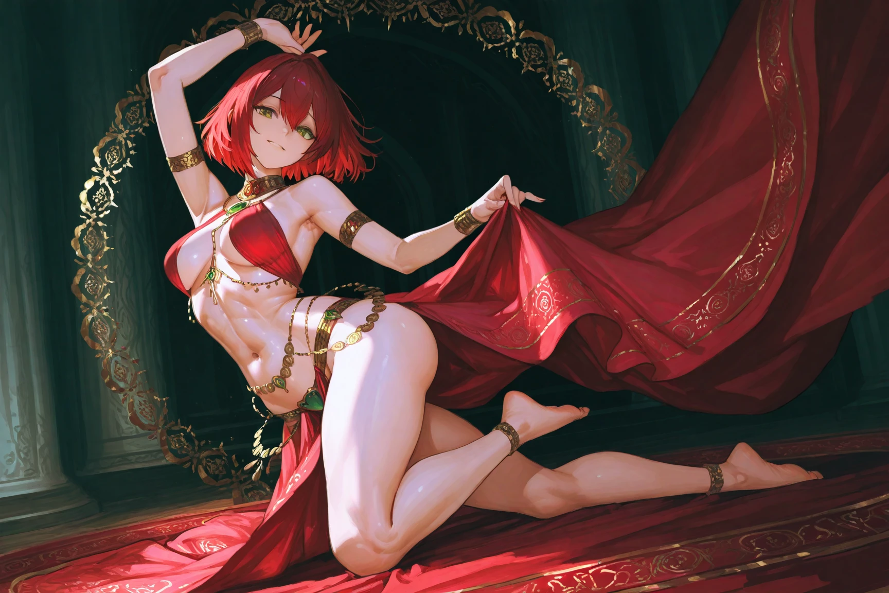 Alafi wearing a red sheer blouse and a red skirt, spellbinding,spellbinding, Sultry and beckoning, Wearing sexy lingerie, lingeries beauty, revealing outfit, The bright red cloak on her back, Red robe, alluring and terrifying, dressed in a beautiful red cloak, very sexy devil outfit, Clothing that exposes, Red clothes, Red lace