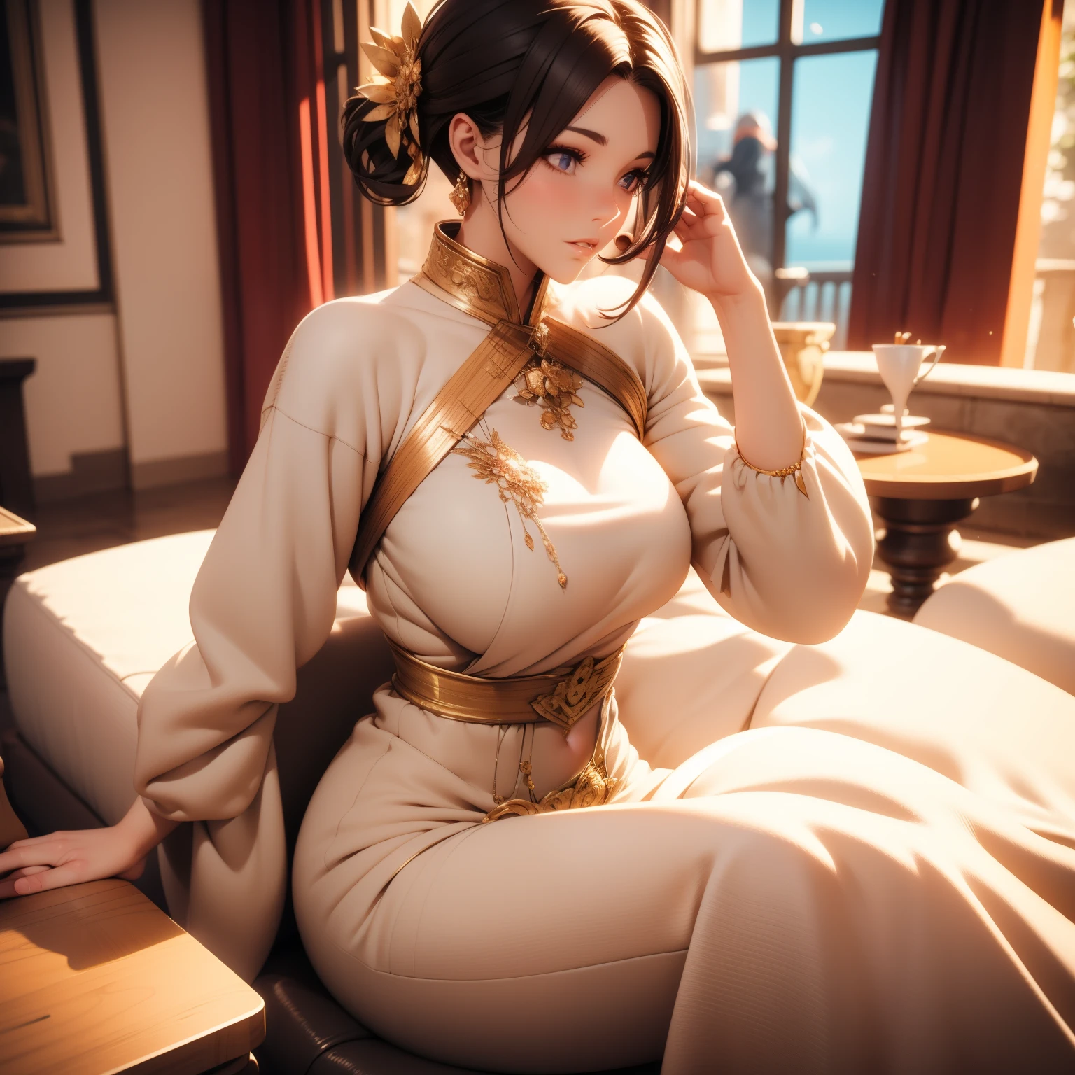 a beautiful woman, (fairy queen:1.4) seated on a throne,(neko maid outfit:1.8) , s the perfect face, full bodyesbian, victorian age, Noble dress, complicated decoration, zauber, dices, Smiling, Place your arms behind your back, soft rim light, beautiful detailed sky, tmasterpiece, 超高分辨率, high qulity, 4K, (realisticlying:1.2), photore,