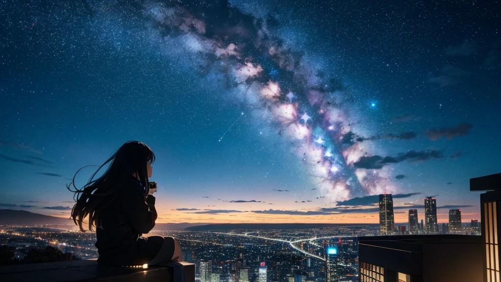 octans, sky, star (sky), scenery, starry sky, night, 1girl, night sky, solo, outdoors, signature, building, cloud, milky way, sitting, tree, long hair, city, silhouette, cityscape