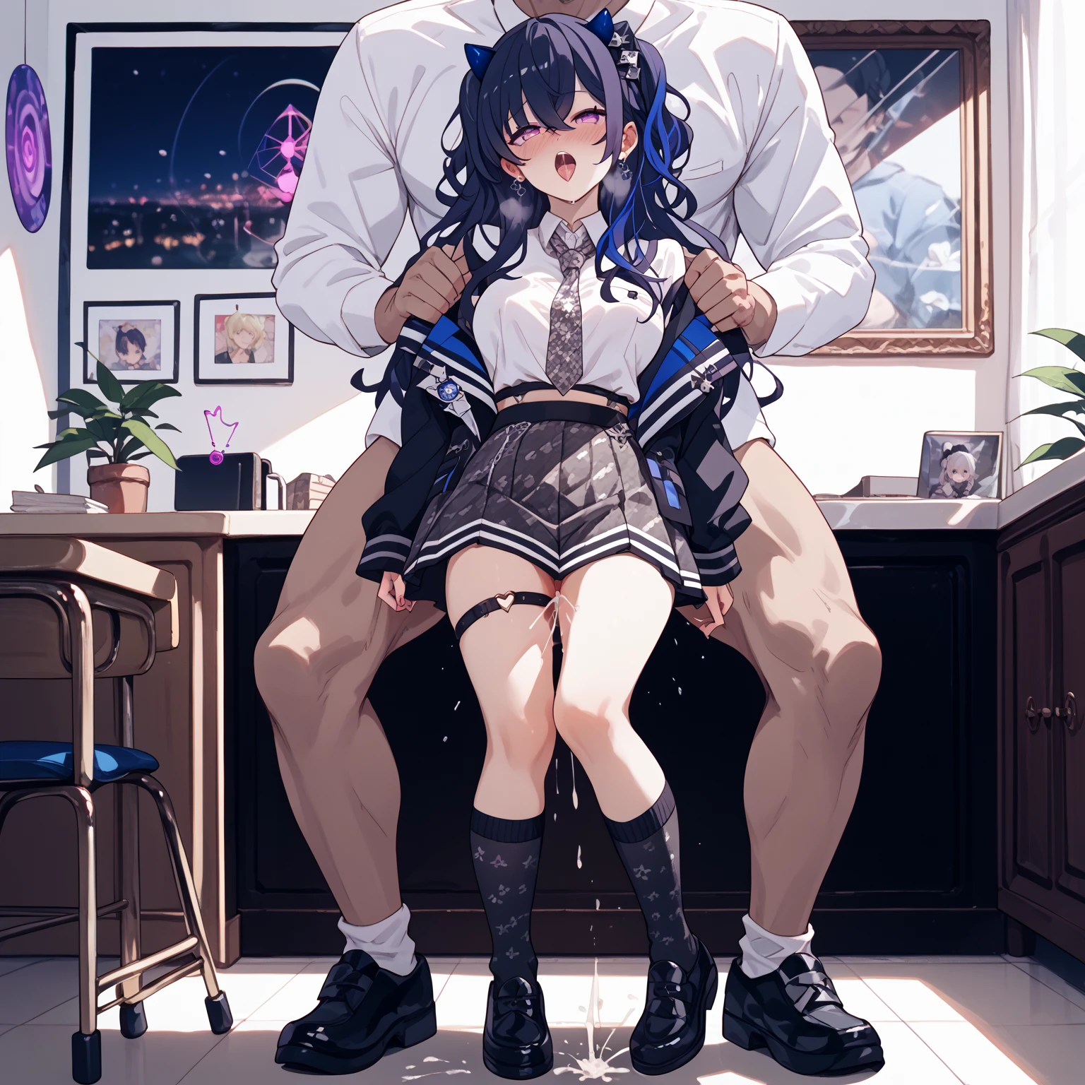 (score_9, score_8_up, score_7_up, score_6_up:1.5), (ai-generated:1.5), (Maximize Detail Slider:1.5), (Insanely Detailed:1.5), (source_anime:1.5), mona \(genshin impact\), (vaginal:2.0), (fucking from behind:2.0), (moaning:2.0), (skirt pull:2.0) BREAK sex, (sex from behind:2.0), black hair, green eyes, bangs, twintails, long hair, blue blazer, (looking back:2.0), bent over, classroom, skirt down, red skirt, full-face blush, collared shirt, lust, anus, (makeup:1.3), penis, vaginal, fucking, (interracial:2.0), (rape:1.8), (deep penetration), uncensored, (big ass:1.2)