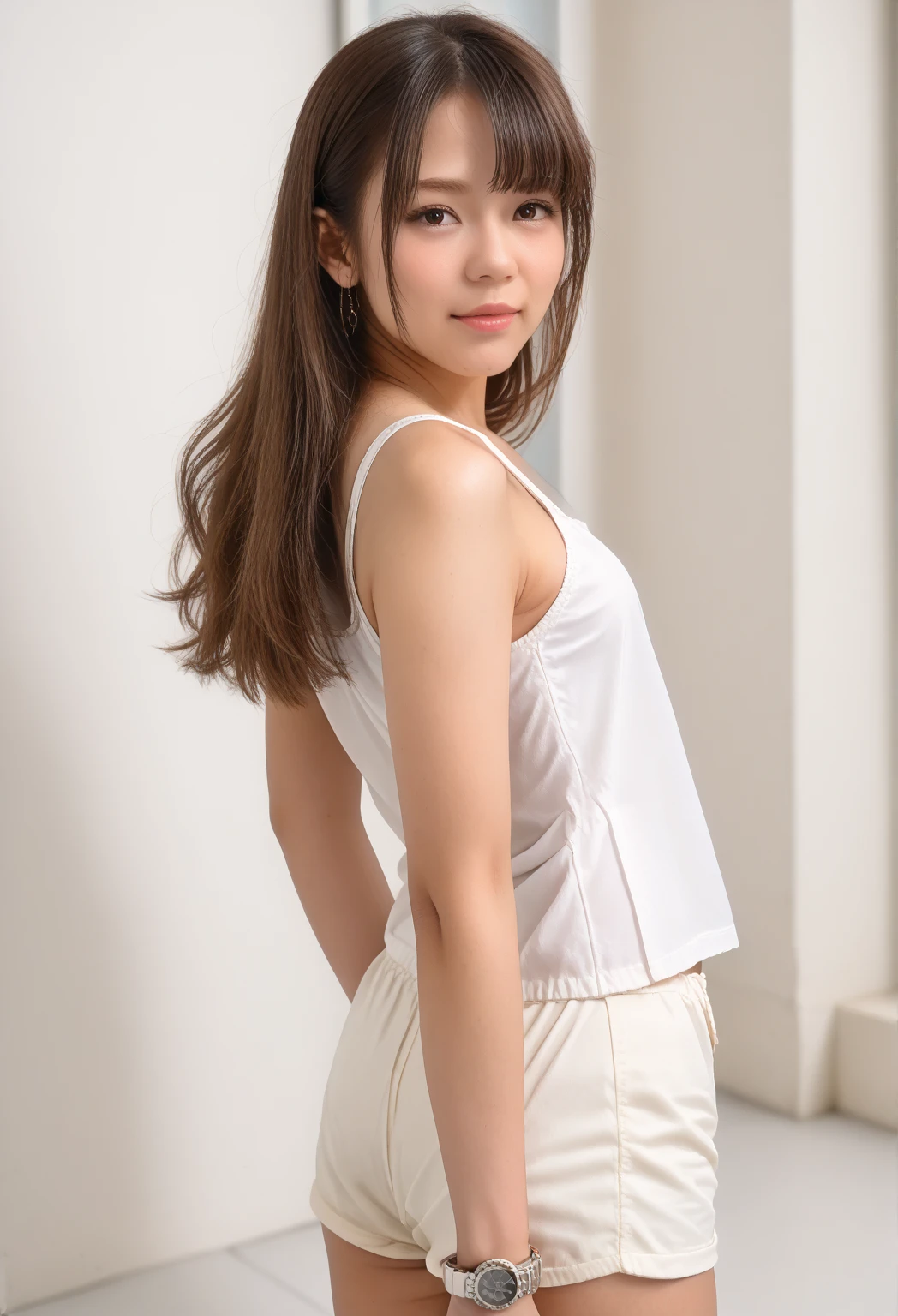 anime photo of a woman walking, then she looks back and stretches out her hand, and her facial expression is smiling and happy