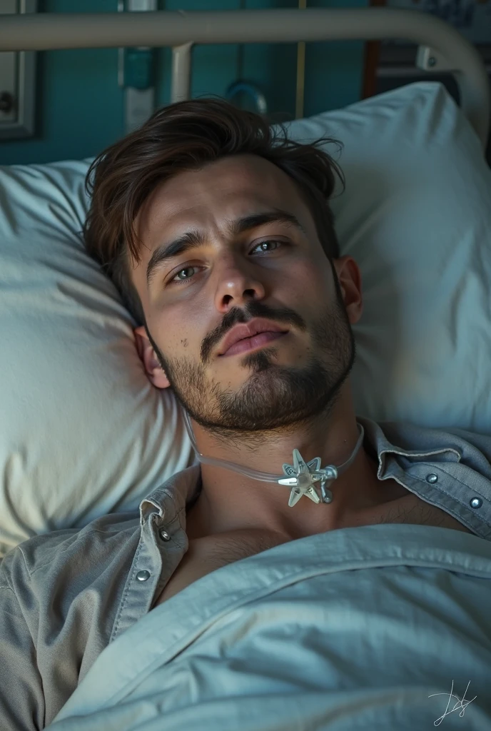 Shirtless 20 year old man lying on operating table. Unconscious. Wearing oxygen mask. Shaved chest. Muscular