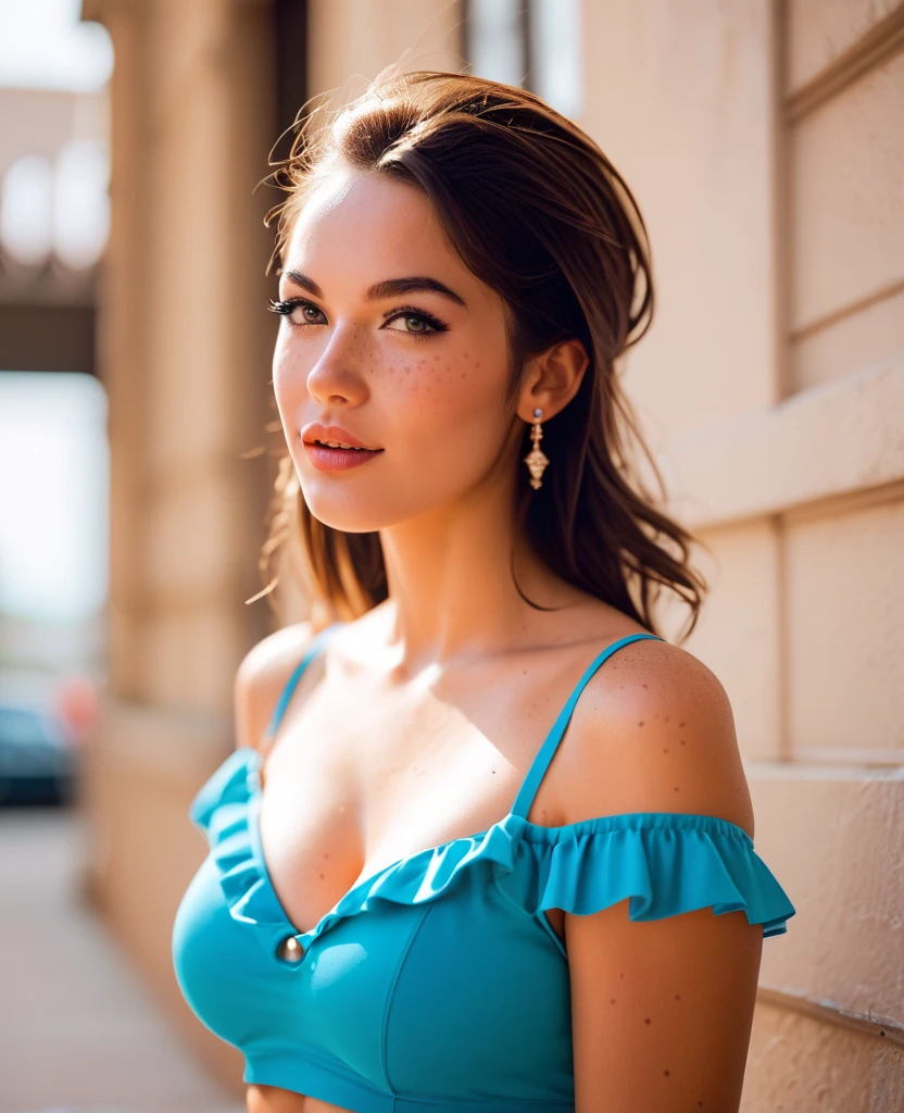 south america woman, ((black hair)), wavy hair, long hair, hair in a ponytail, blue eyes, lined eyes, shiny eyes, highlights blue eyes, red lipstick, makeup, smile, (athletic body), ((big breasts)), nipples, (((navy blue top))), ((Low-cut top)), Front shot.