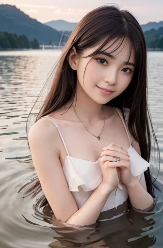 A baby-faced high school girl with long black hair wearing a pure white bikini、full bodyesbian
