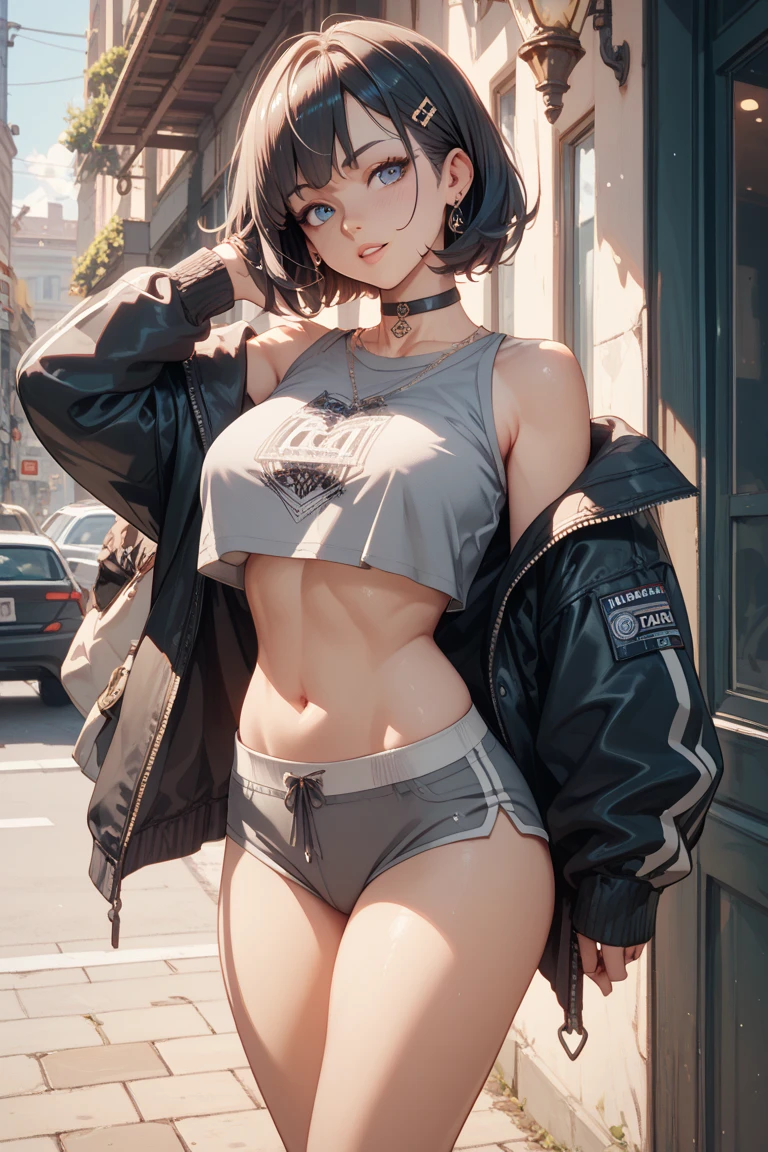 girl spacepunk,(((1girl))),((anime girl with extremely cute and beautiful black hair, walking seductively down the street)),
(large breasts:1.4),saggy breasts,((((black hair,messy hair,colored inner hair,large hair,absurdly long unkempt hair:1.35,long hair,ear breathing)))), ((blue eyes:1.3,upturned eyes:1.3,perfect eyes,beautiful detailed eyes,rainbow glows ultra-detailed deep blue eyes:1.1,gradient eyes:1,finely detailed beautiful eyes:1,symmetrical eyes:1,big highlight on eyes:1.2)),((fat)),(((lustrous skin:1.5,bright skin: 1.5,skin tanned,shiny skin,very shiny skin,shiny body,plastic glitter skin,exaggerated shiny skin))),(spider lower abdomen,narrow waist,wide hip,athletic body,inflated legs,delicate detailed fingers,detailed body,detailed arms,human hands,(detailed face)),
cute,slutty,seductive,erotic,(((nsfw))),
zettai ryouiki,revealing clothing,show skin,((((underboob)))),(cleavage),(semi-naked,with little clothing,((tiny thong)),bare legs,visible thong straps),((((crop top hoodie,cropped hoodie,hoodie,hoodie intricate)))),((detailed outfit,detailed clothes)),
(dynamic pose:1.0),solo focus,embarrassed,centered,scale to fit dimensions,Rule of thirds,
(best quality,high resolution,sharp focus,ultra detailed,extremely detailed,extremely high quality artwork,(realistic,photorealistic:1.37),8k_wallpaper,(extremely detailed CG 8k),(very fine 8K CG),((hyper super ultra detailed perfect piece)),flawless,(((masterpiece))),illustration,vibrant colors,(intricate),High contrast,Selective lighting,Double exposure,HDR (High Dynamic Range),Post-processing,Background blur,