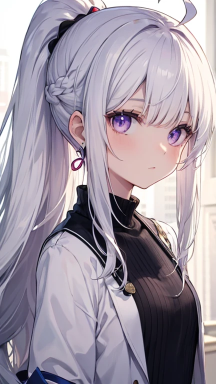 Hair, Ine, long hair, Ahoge, hair shots, white hair, high ponytail, asymmetrical bangs, hair behind the ear, swept bangs, purple eyes, single earring