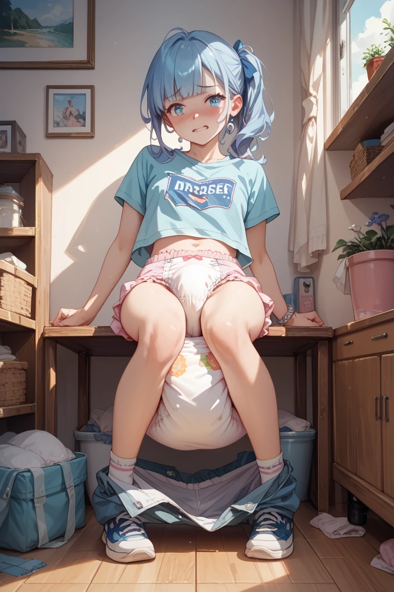 Full body portrait of a 25-year-old woman, squatting position with open legs, wearing a Jean's shorts very close to the body, large breasts, and large butt, wearing a very short top and stuck to her breasts, the top should be yellow with the face of picachu on it,  The girl's hair should be turquoise, background of a room, inside a house, very detailed, realistic, 8K resolution, the features of the face should be very detailed, she should have a very flirtatious smile, with a choker.