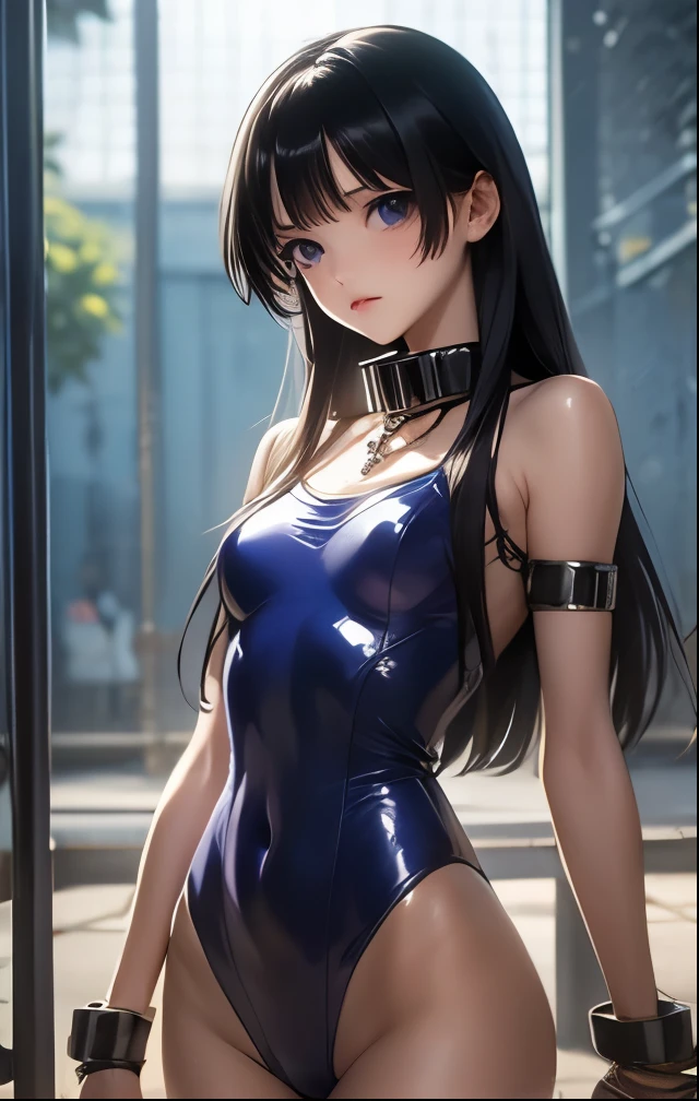 (((SFW、Highest quality、 first class masterpiece 、 normal body 、32k、 detailed face 、super precise、 normal hand、5refer to、Highest)))、Tsuzaki Aoba、aoba-tsuzaki、『JINKI』、Beautiful Girl、black hair、long hair、beautiful breasts、slender、 slim、Petite、 can be used、A blue-purple ultra-thin high-legtight bite leotard that has been torn and full of holes、 clear body line、defeat、 Capture、handcuffs、chain lead collar、restraint、CrossBondage、prison、prison