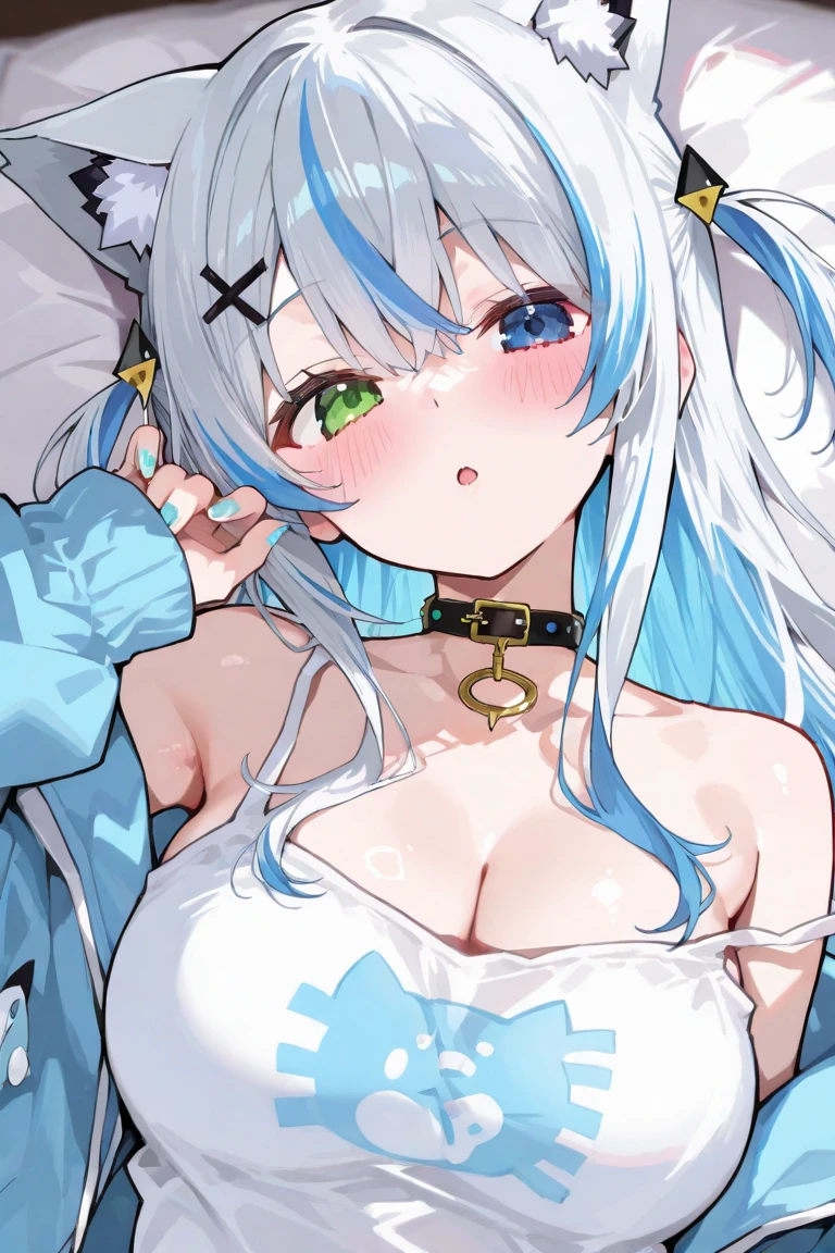 score_9,score_8,score_7,score_8_up,score_7_up cleavage,sexy anime girl, 1girl, piercing, breasts, goggles on head, underbob, one eye closed, goggles, solo, smile, blue eyes, long hair, sweater, id card, navel piercing, look viewer, navel, mole, white hair, long sleeve, turtleneck sweater, turtleneck, sweater lift, blue nails, grinning, black sweater, tattoo, upper body