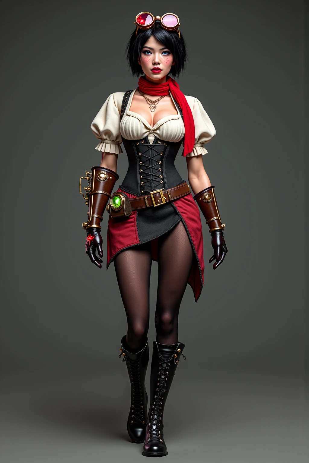 Female full body standing straight symmetrical looking to the viewer RED full body armored (handcuffs, shackles, rerebrace, faulds, poleyn, gauntlets, leather collar choker, gloves, gauntlets, high boots bootstraps, black stockings) 2 crossing big belt under belly button, navel, abs, garter straps belts attaching bra big knockers ((hands on hips)) view from below, wide hips