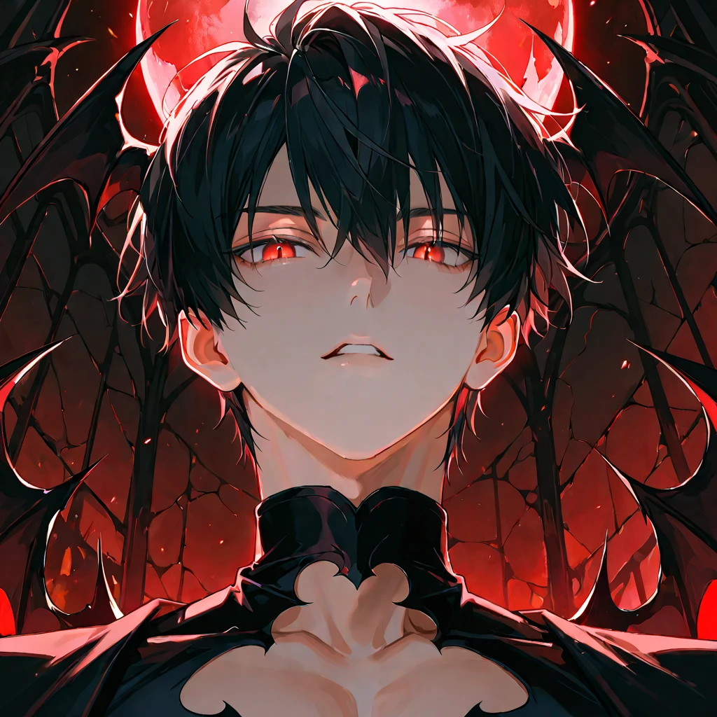 ultra quality, 4K, anime illustration, male body, 15 year old boy, black clothes with red lines,black hair, scarlet eyes full of hate, dark aura, Very Detail, full moon night, empty city, gazing at viewer, floating eyes with wings of blood.