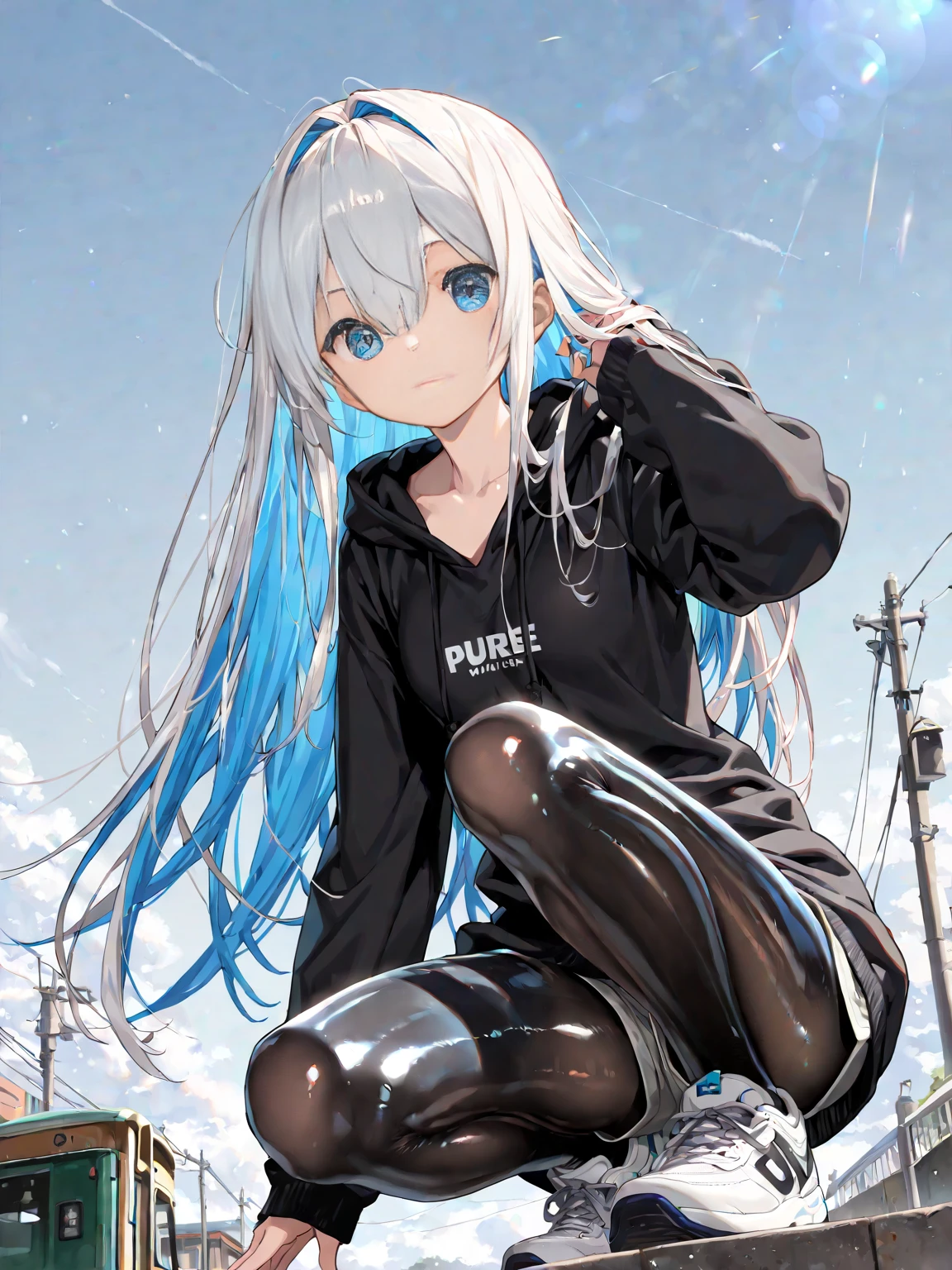 1girl, solo, white hair, long hair,very long hair, looking at viewer, pantyhose, aqua eyes, white pantyhose, shy, <lora:gc-000002:0.8>, squatting cowgirl position, white panties, presenting panties,