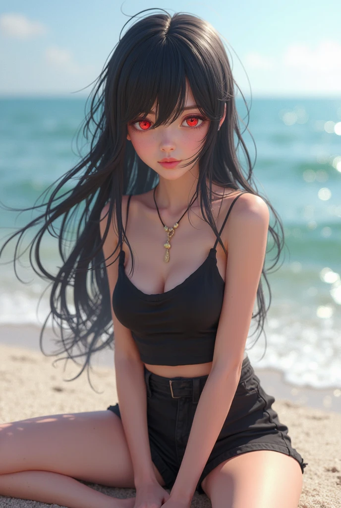 1girl, woman, emo_hairstyle, black lipstick, choker, eyeliner, eye shadow, mascara, smoky eyes, realistic lighting, beach, bikini, satanic tattoo, ahegao.