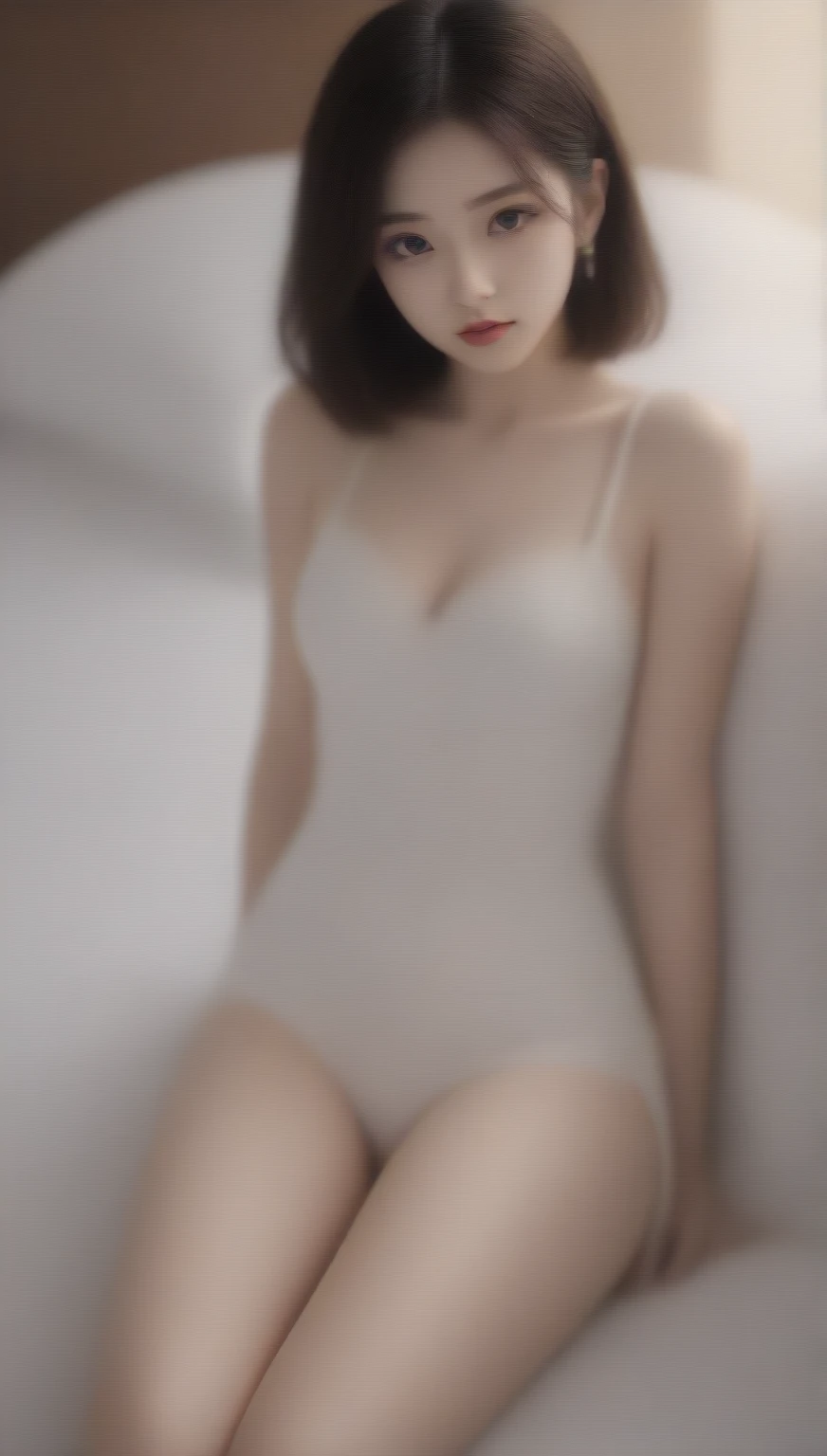 a hyper-realistic portrait of a young woman, half asleep, under a tree, inside a forest, lots of rain, in the middle of nature, 22 years old, realistic, (lying on her side), she is wearing a red panties, (wearing minimal dress), sexy, (huge breasts 2:1), wet clothing, short brown hair, (hair tied with bows), curved, SFW