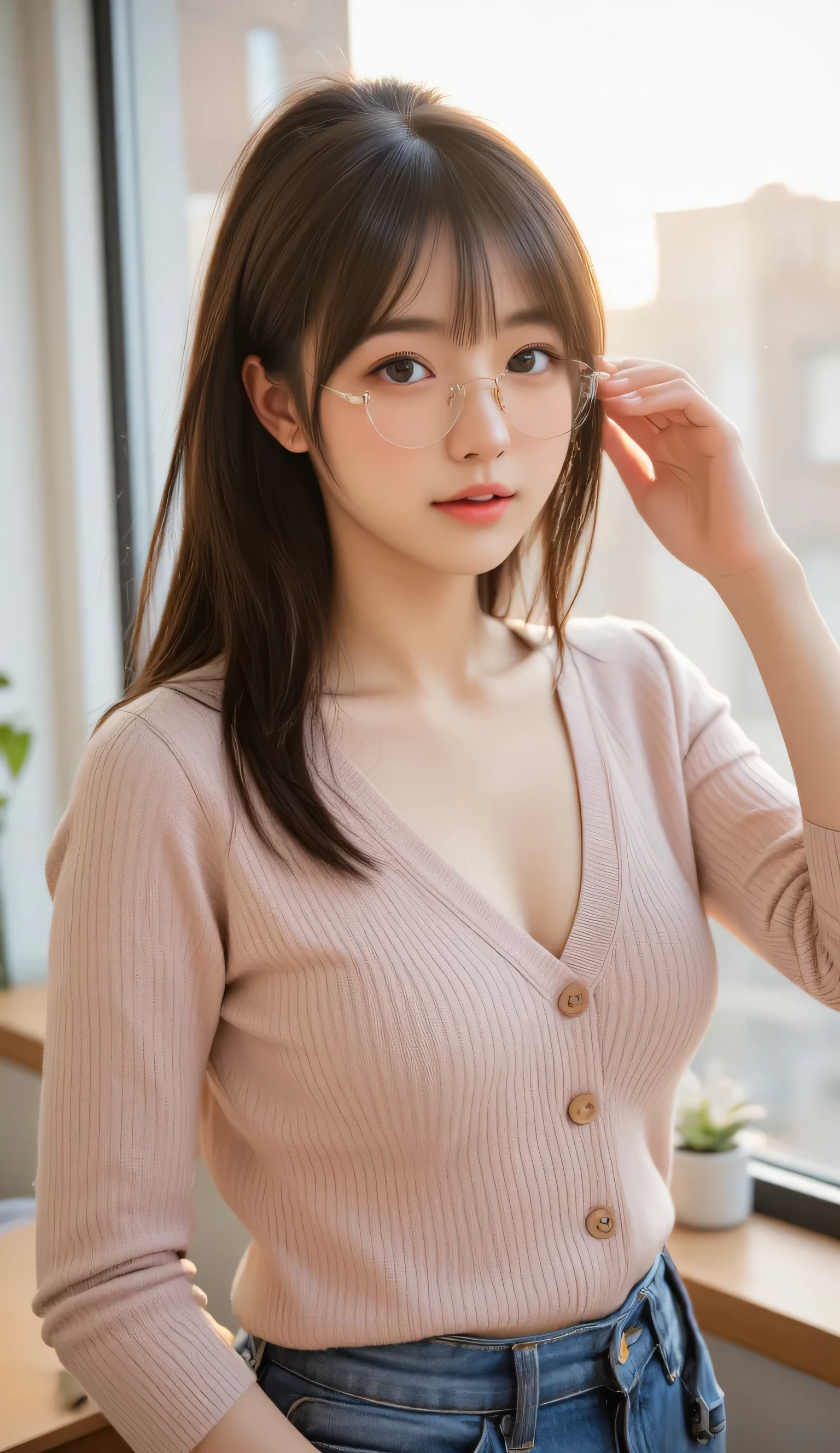 a sweet Japanese woman with a high ponytail and thin-rim glasses, wearing a V-neck pastel knit top, standing by a classroom window during spring sunset, slightly blushing while brushing her bangs, upper body, fresh and a little sexy