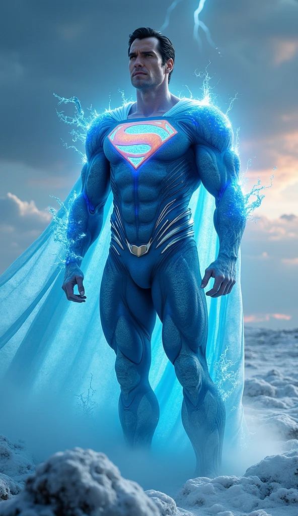 The head should be a drop of water with a superman suit and a muscular body