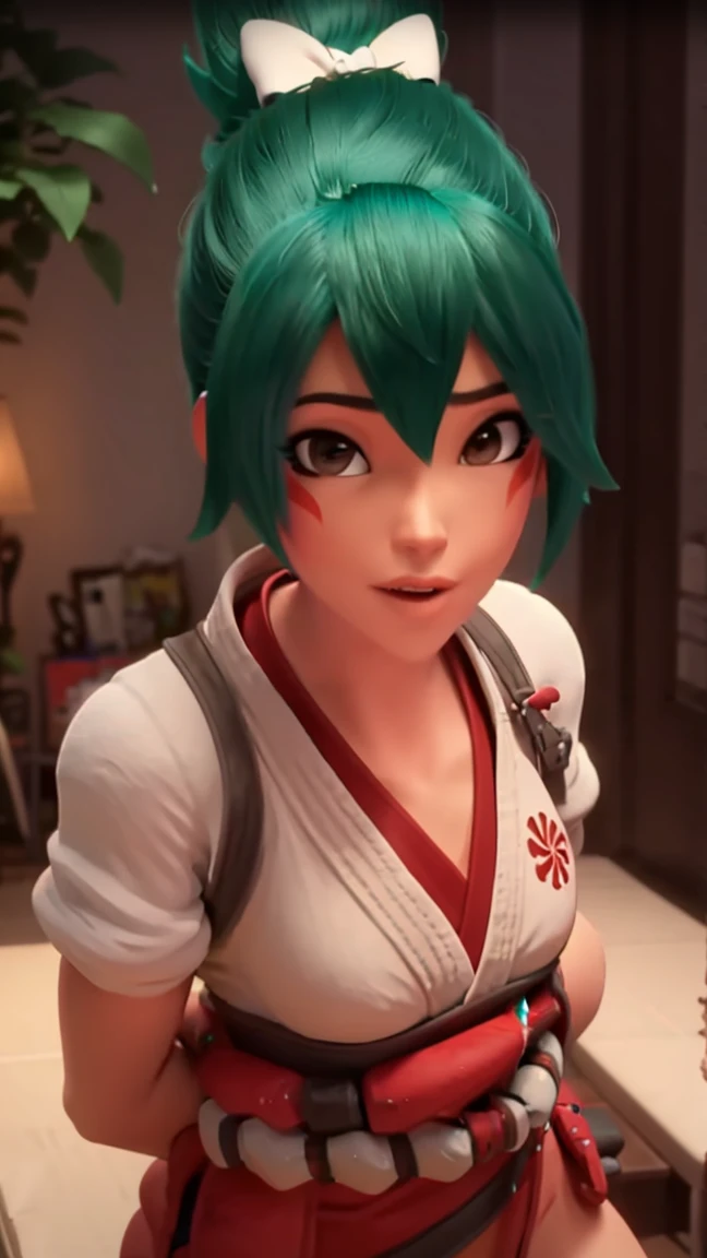realistic, realism, photorealism, photo-realistic, high contrast, (photorealistic:1.4), 8k high definition detailed realistic, (best quality, masterpiece:1.2), NSFW, photon mapping, radiosity, physically-based rendering, best quality, highly detailed, 1girl, owkiriko, green hair:0.6, looks at the viewer, red dress, ((glowing eyes)),