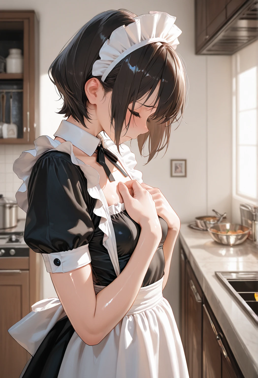 (Small breastss:1.3), (Firm breasts:1.1), (Pointed Chest:1.0), (Pudding cake magazine cover:1.3),(From above:1.0),(From the side:0.9),masterpiece, One girl, Great cleavage:1.1, Narrow waist, BIG ASS, Raised to be sexy, Small breasts: 1.3, Posing and showing off cleavage:1.2、alone, Open your mouth, cute beer glass cute grass,Black Hair, Dark green eyes, dress, Exposing shoulders, jewelry, clavicle, Side Lock, hair band, Earrings, indoor, Off the shoulder, sweater, Put your arms behind your back, plant, short hair and long locks, gild hair band, sweater dress:1.2, off-shoulder sweater, red sweater, Dark Gorgeous Hair, Big side hair, Very long side hair,Rendered (masterpiece: 1.2, highest quality), and (Ultra-high resolution) And exquisite (Depth of written boundary). This masterpiece is not only visually stunning but also tells,Cooking in the classroom kitchen ,View Viewer,