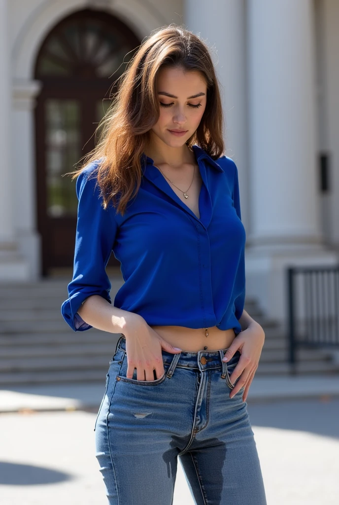 Qualidade Superior, purple silk shirt jeans , Shorty Definition, 1girl, Rosto bonito e perfeito, cabelo longo andulados castanho, Blaze Businesswoman Outfit , detalhes intrincados,Super realistic feel ,cinematografic, 8k, Very detailed photorealistic,em uma rua em Paris