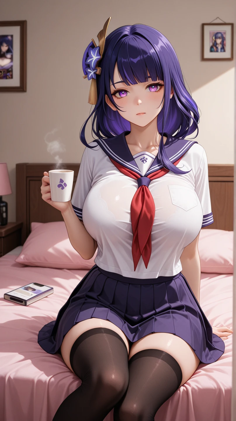 ((A white short-sleeved dress with a round collar and buttons in the front))、((White Micro Mini:1.5))、Black ribbon at collar、Navy blue leather belt around the waist、((Long straight purple hair that reaches down to the waist))、(Big red eyes)、(Closed front button)、night。restaurant、Small Nose、Big Mouth、Round face、H cup big breasts、anime、highest quality、High resolution、Thin and transparent nipples、1 person、Sit on a chair、((One button on her dress is missing, revealing her deep cleavage.))