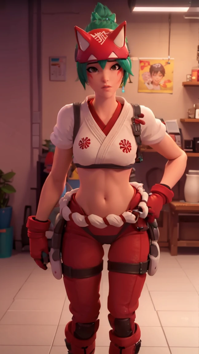 realistic, realism, photorealism, photo-realistic, high contrast, (photorealistic:1.4), 8k high definition detailed realistic, (best quality, masterpiece:1.2), NSFW, photon mapping, radiosity, physically-based rendering, best quality, highly detailed, 1girl, (owkiriko), kiriko \(overwatch\), green hair, red headwear, (red leggings), standing, street, outside, sneakers, dougi, upper body,