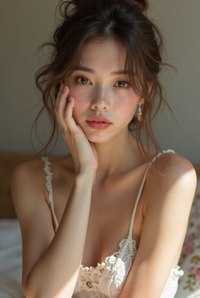 Kasumi, brown eyes, (best quality, ultra-detailed), (realistic:1.37), beautiful and detailed face, ultra-realistic texture, delicate face, delicate body, red lipstick, bright colors. High definition, 8K, well defined legs, expression cute smilling 