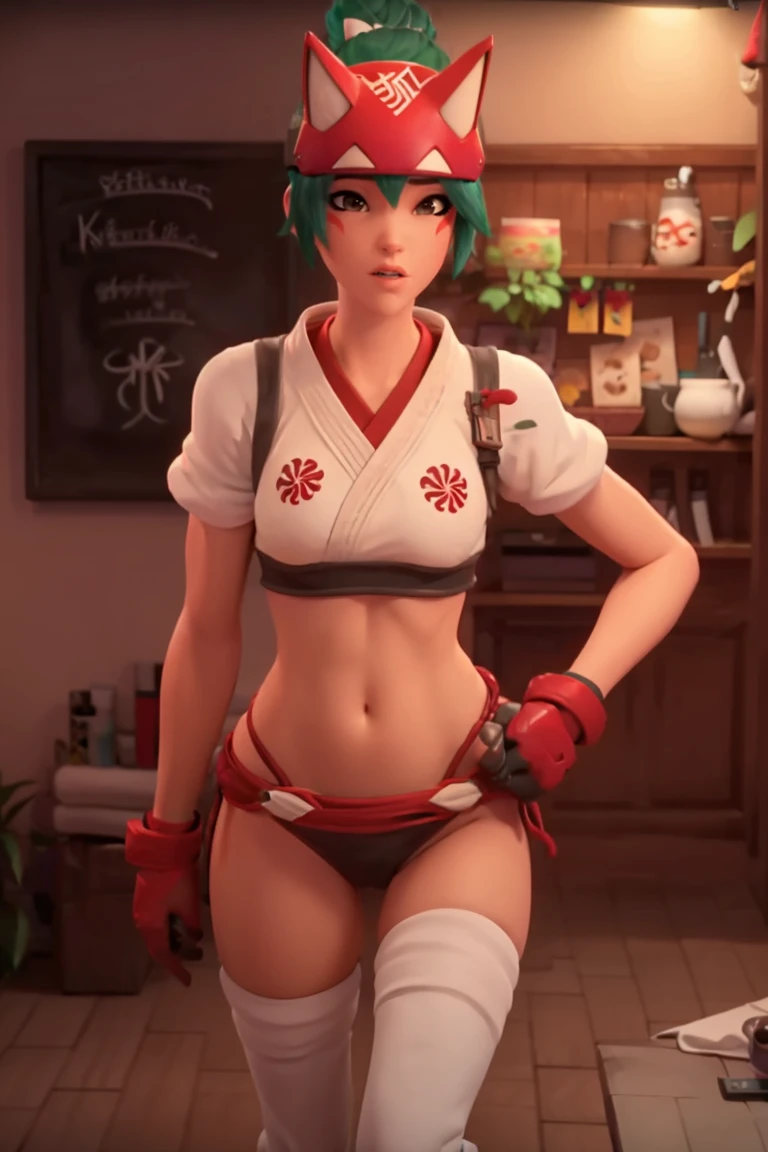 realistic, realism, photorealism, photo-realistic, high contrast, (photorealistic:1.4), 8k high definition detailed realistic, (best quality, masterpiece:1.2), NSFW, photon mapping, radiosity, physically-based rendering, best quality, highly detailed, 1girl, pat pussy, cameltoe, (owkiriko), kiriko \(overwatch\), green hair:0.7, red fox helmet, red sneakers, squatting, spread legs, tits, inside, blushing, underwear, bikini, microbikini, topless, nsfw, porn, slut, bra, topless.