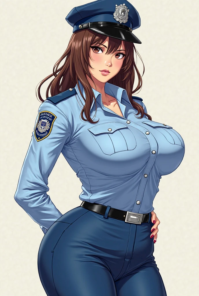 A photo of a busty female police, police hat, running towards the camera, cleavage:1.2, unbuttoned shirt, side view, (detailed skin complexion:1.2), best quality, deep color, complex shading effect, ambient occlusion, highly detailed textures