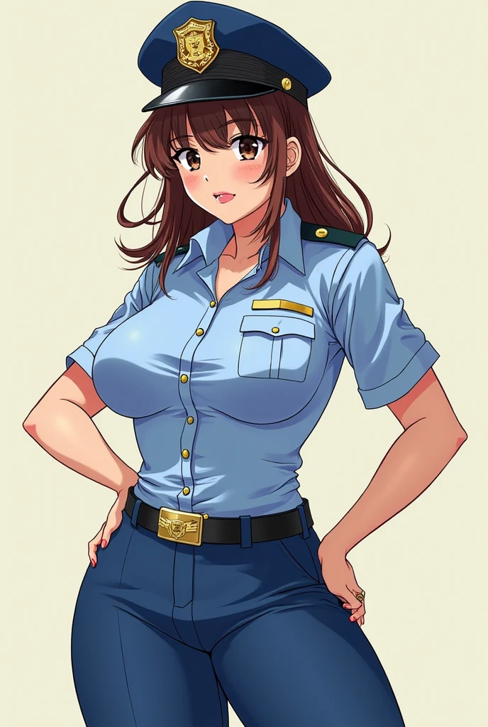 huge breast,police uniform, light blue shirt, blue pants, breast pocket, best quality, masterpiece,blue cap,black belt,policewoman,jp-police,nsfw,embarrassed,white skin,nsfw,reality,breast badge