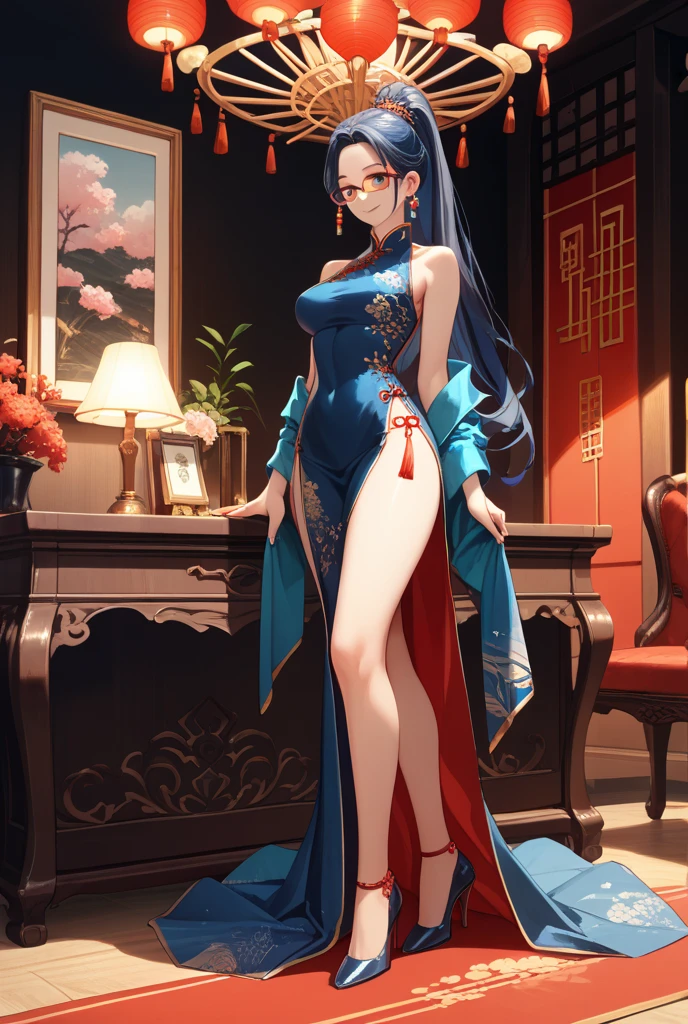 Female with long black straight hair, hairpin, big breasts, cleavage, Tang Dynasty imperial concubine’s dress, flowery shoes, Chinese palace