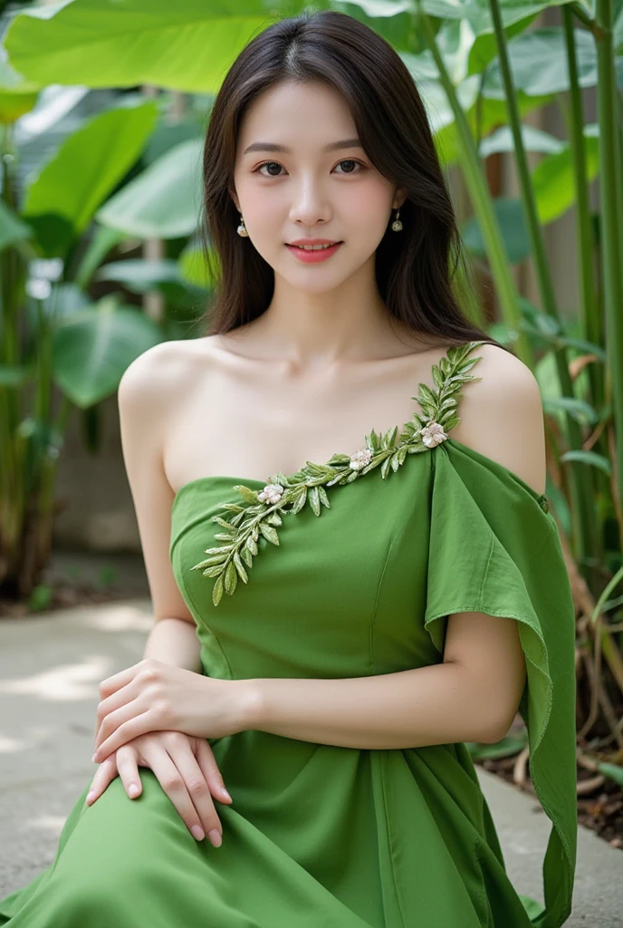 ((masterpiece)), 32k, masterpiece, Highest quality, 1 girl, alone, (Nationality: British:1.3), Realistic, garden, Realistic, Very detailed, Detailed Background, (alone: 1.4), Happy expression, Slender body, Realistic Highly detailed long hair, Intricate details, masterpiece, Highest quality, West Shot, (花の咲くgardenの背景)), smile, ((Looking at the camera)), Earrings, Long straight black hair, Asymmetrical bangs, Natural Breasts ,